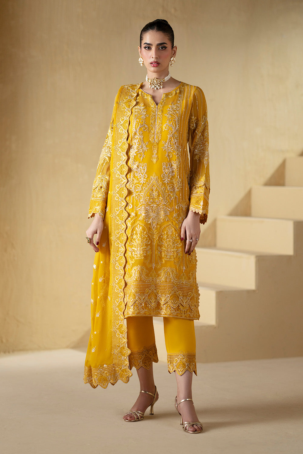 Mustard 3-Piece Chiffon Dress – Embroidered Ensemble – Maryum N Maria
