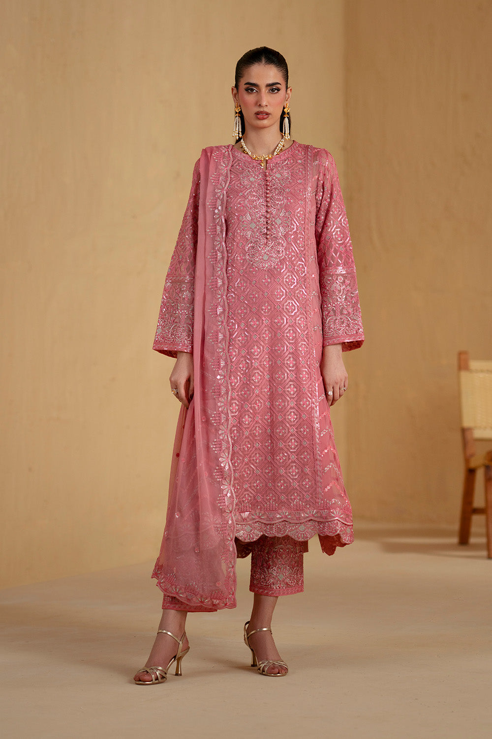 strapless open back dress Unstitched 3-Piece Embroidered Chiffon – Dull Pink Suit – Maryum N Maria