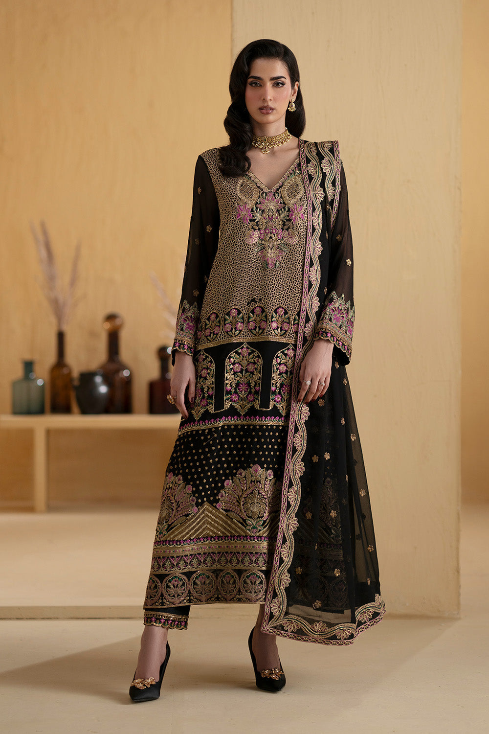 Black Chiffon Dress – Embroidered 3-Piece Suit – Maryum N Maria