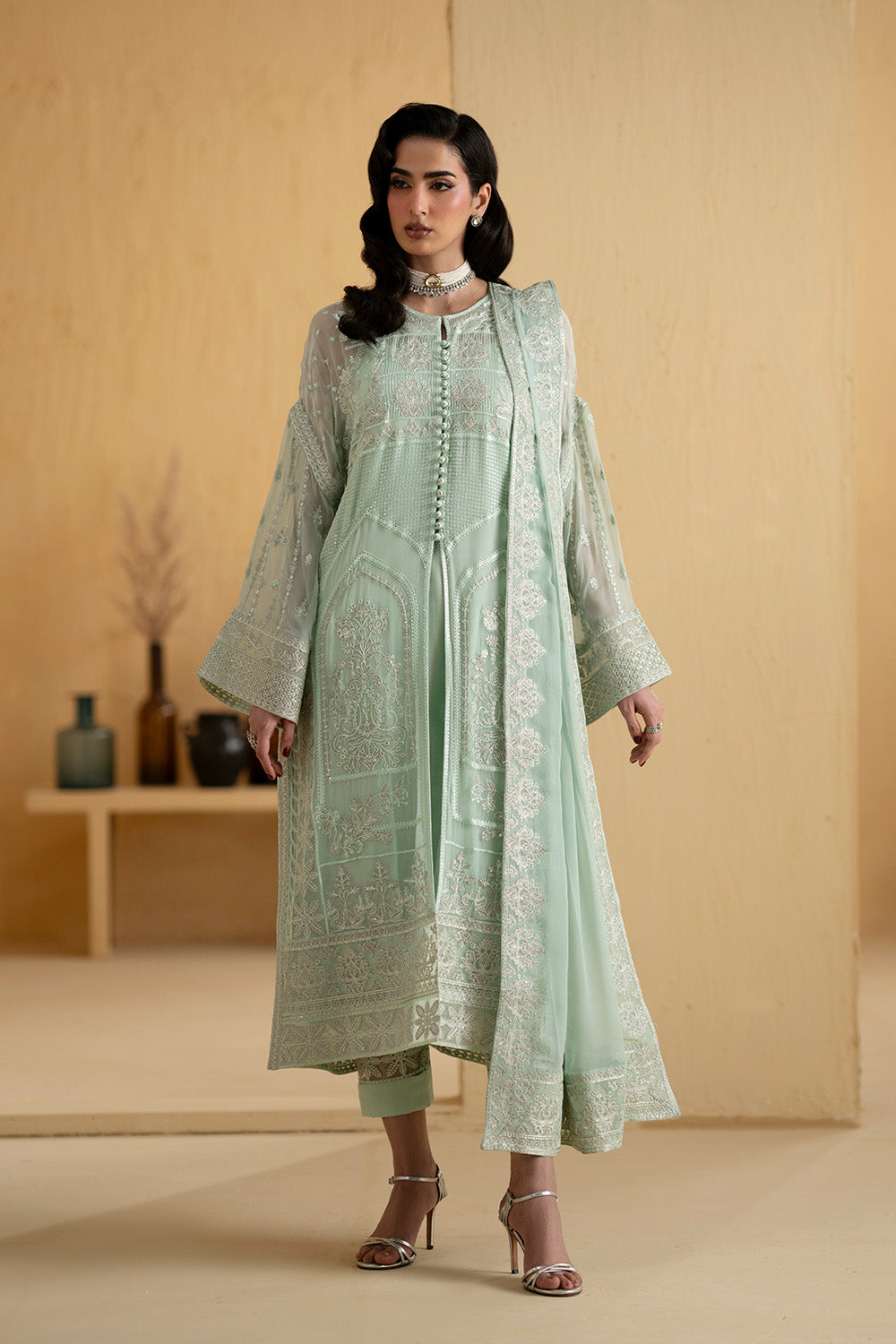 sachin and babi light blue dress Pakistani White Chiffon Dress for Party #J4349 main image 0