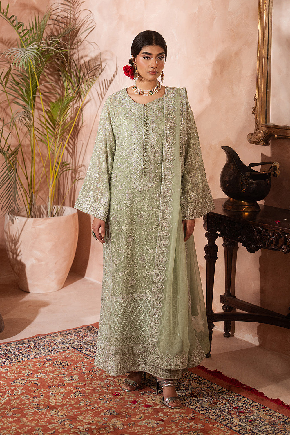 Pista Green Chiffon Fancy Embroidery Dress – 3 Piece Suit