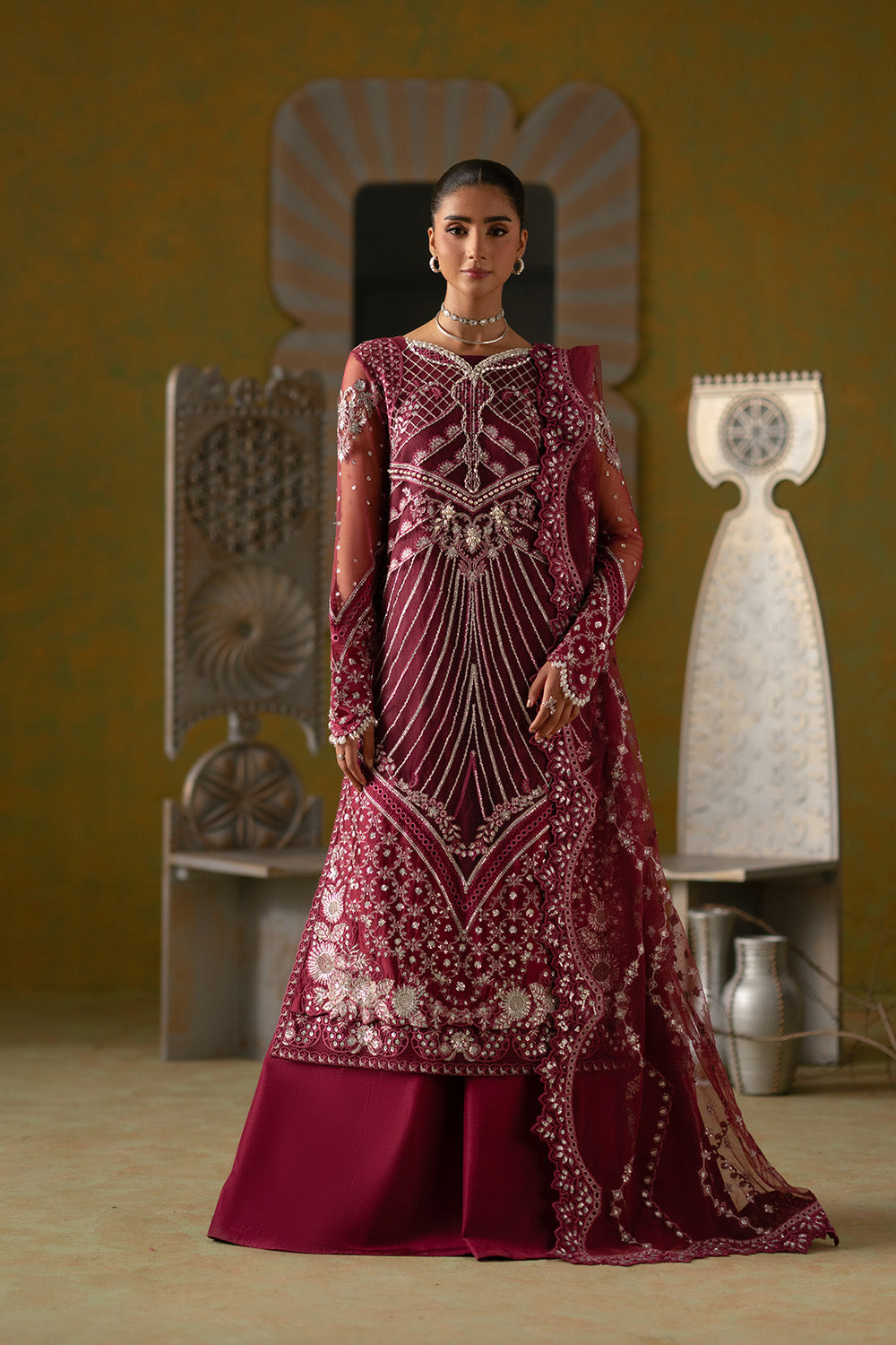 Luxury Pret Pakistan Cherry Red 3 Piece Formal Dress-Maryum N Maria