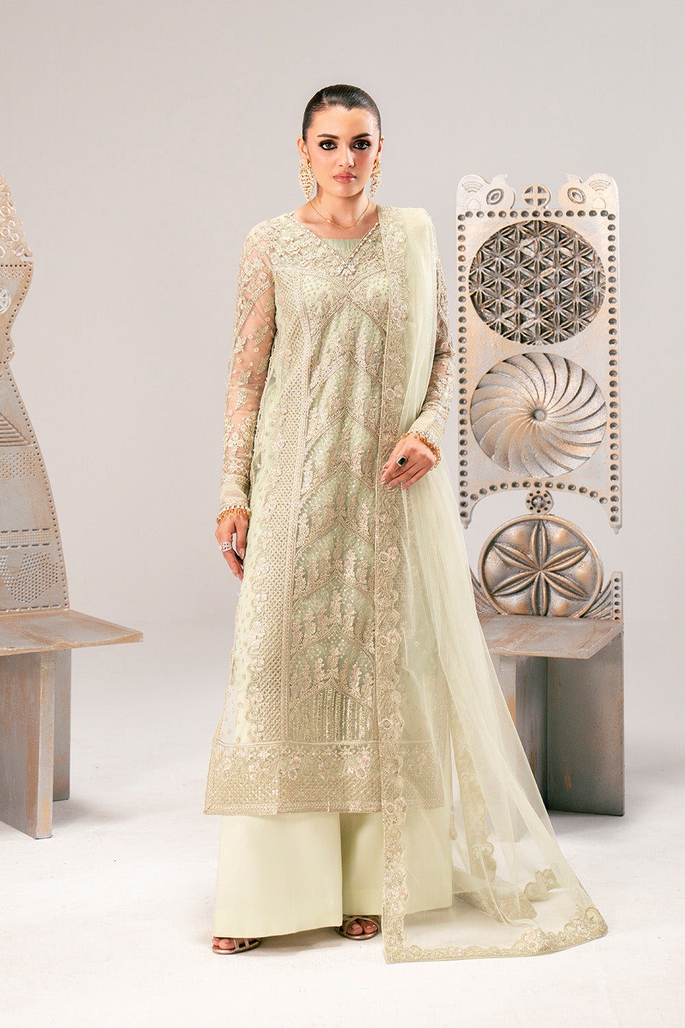 net formal dresses pakistani Sea Green Net Pakistani Dress with Handwork main image 1