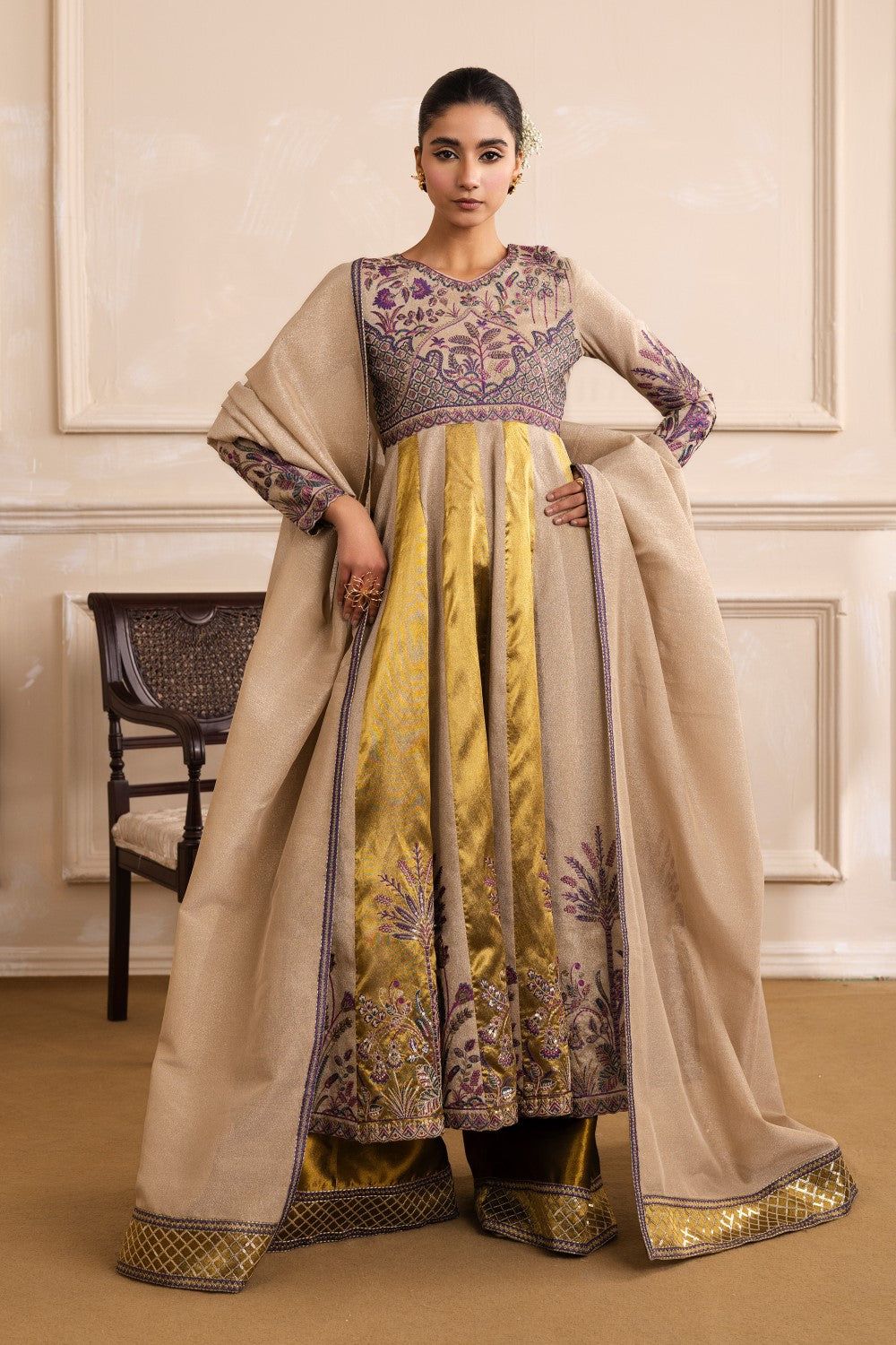 Light Golden 3 Piece Zari Tissue Suit | Maryum N Maria