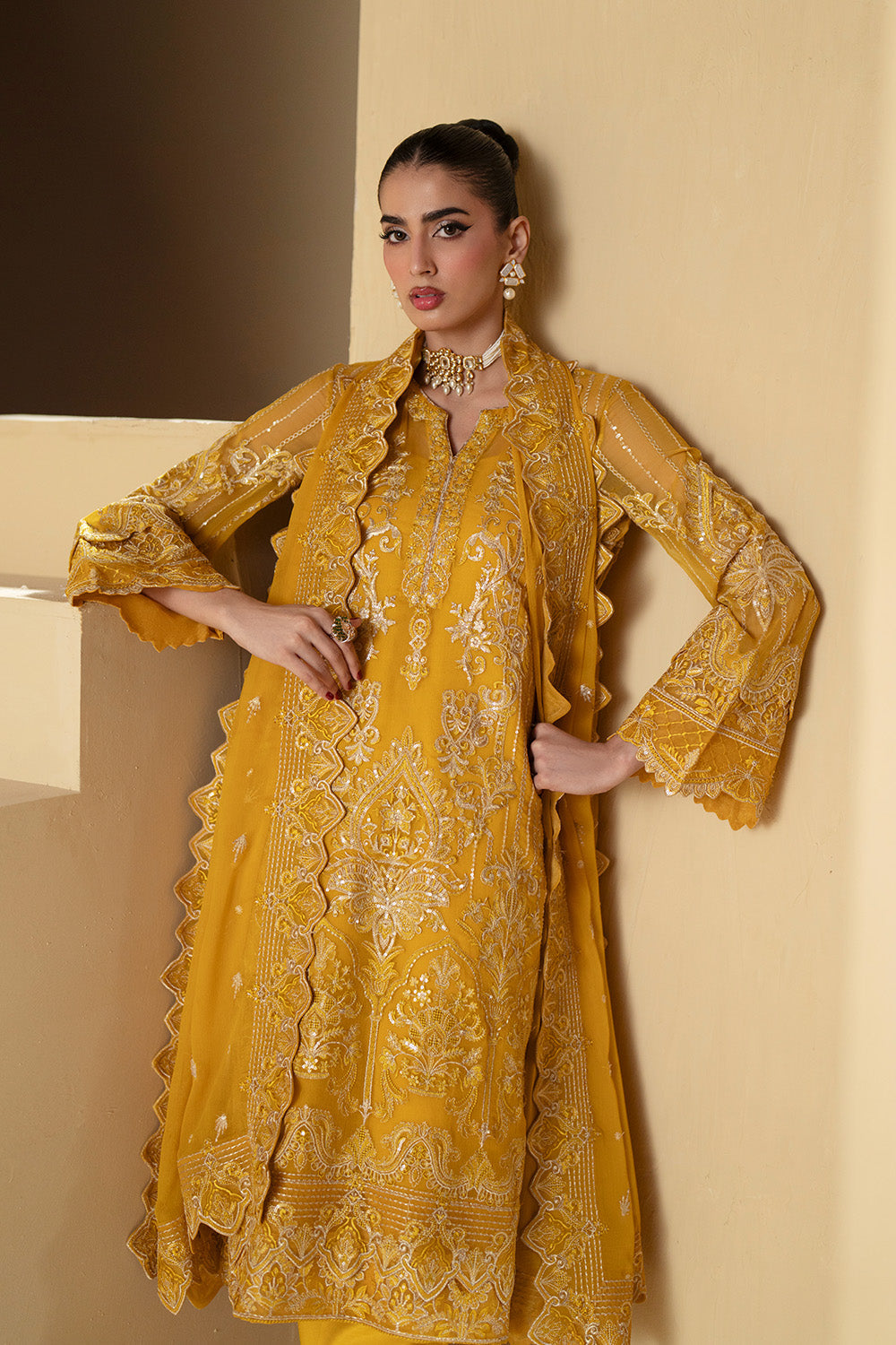 Freesia Mustard 3-Piece Chiffon Dress – Embroidered Ensemble