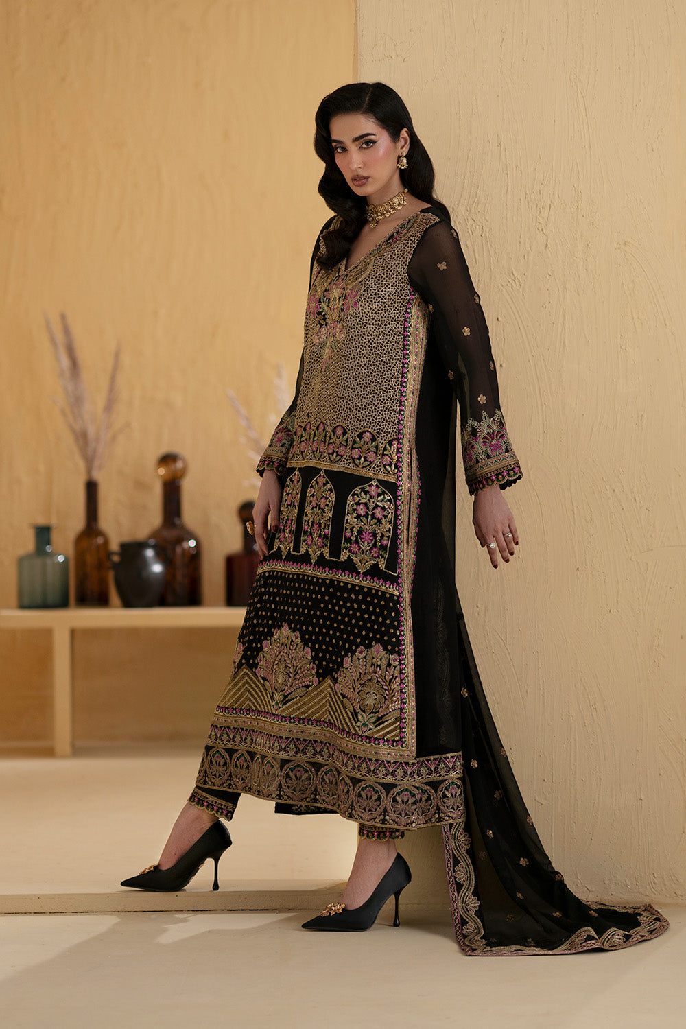 Black Chiffon Dress – Embroidered 3-Piece Suit