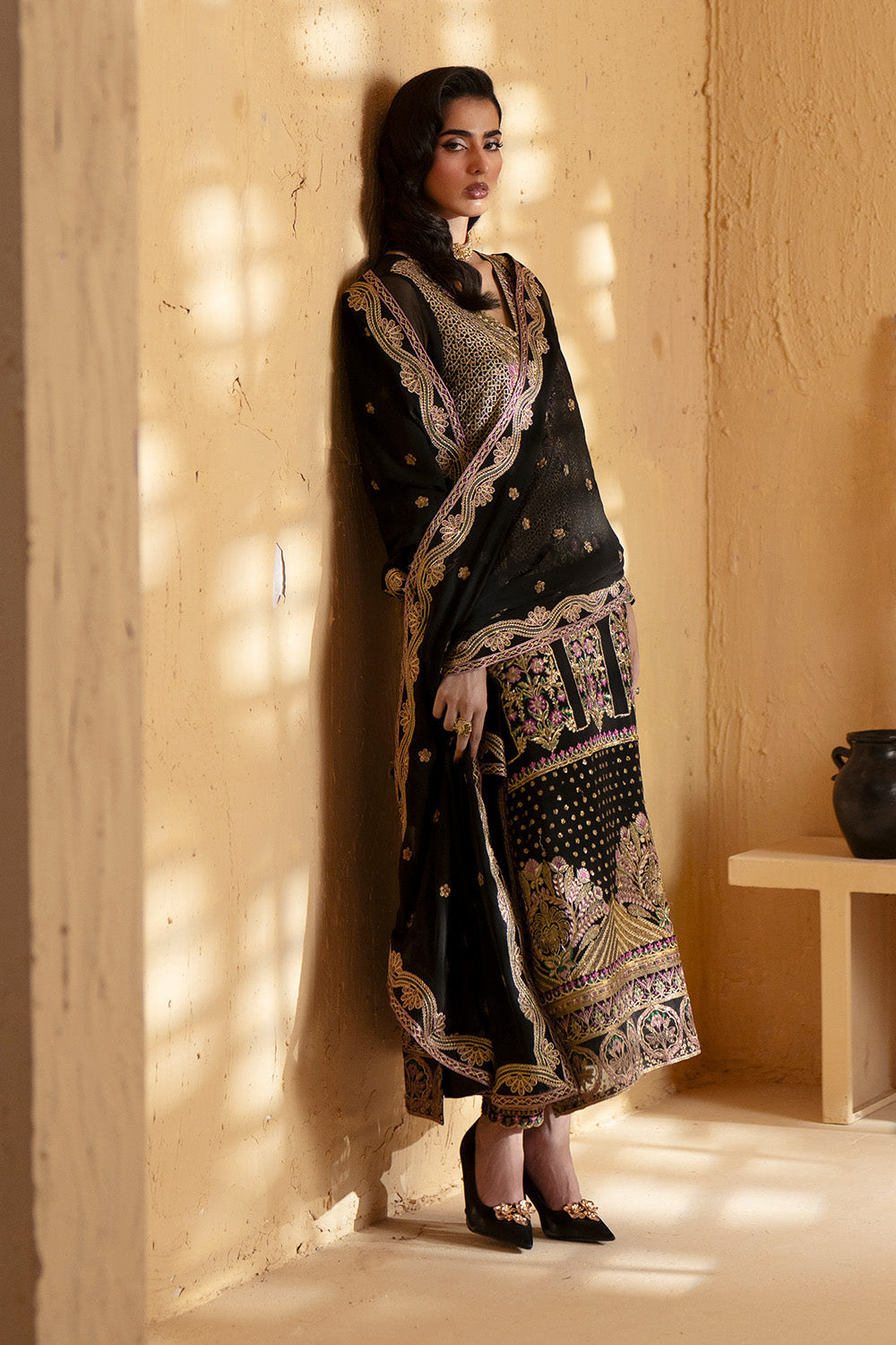 Black Chiffon Dress Embroidered 3-Piece Suit Black Chiffon Dress Embroidered 3-Piece Suit
