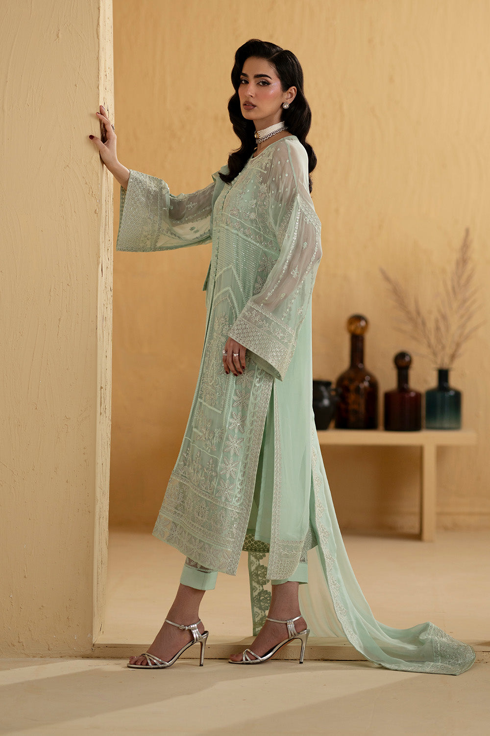 Chiffon Embroidered Dresses in Pakistan – Aqua Green Suit 3 Piece Suit