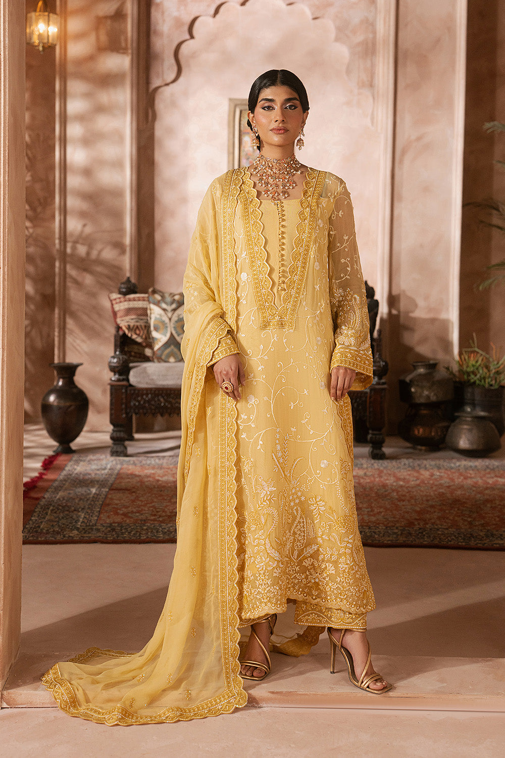 Lime Yellow Pakistani Chiffon Dresses – Embroidered 3PC Suit
