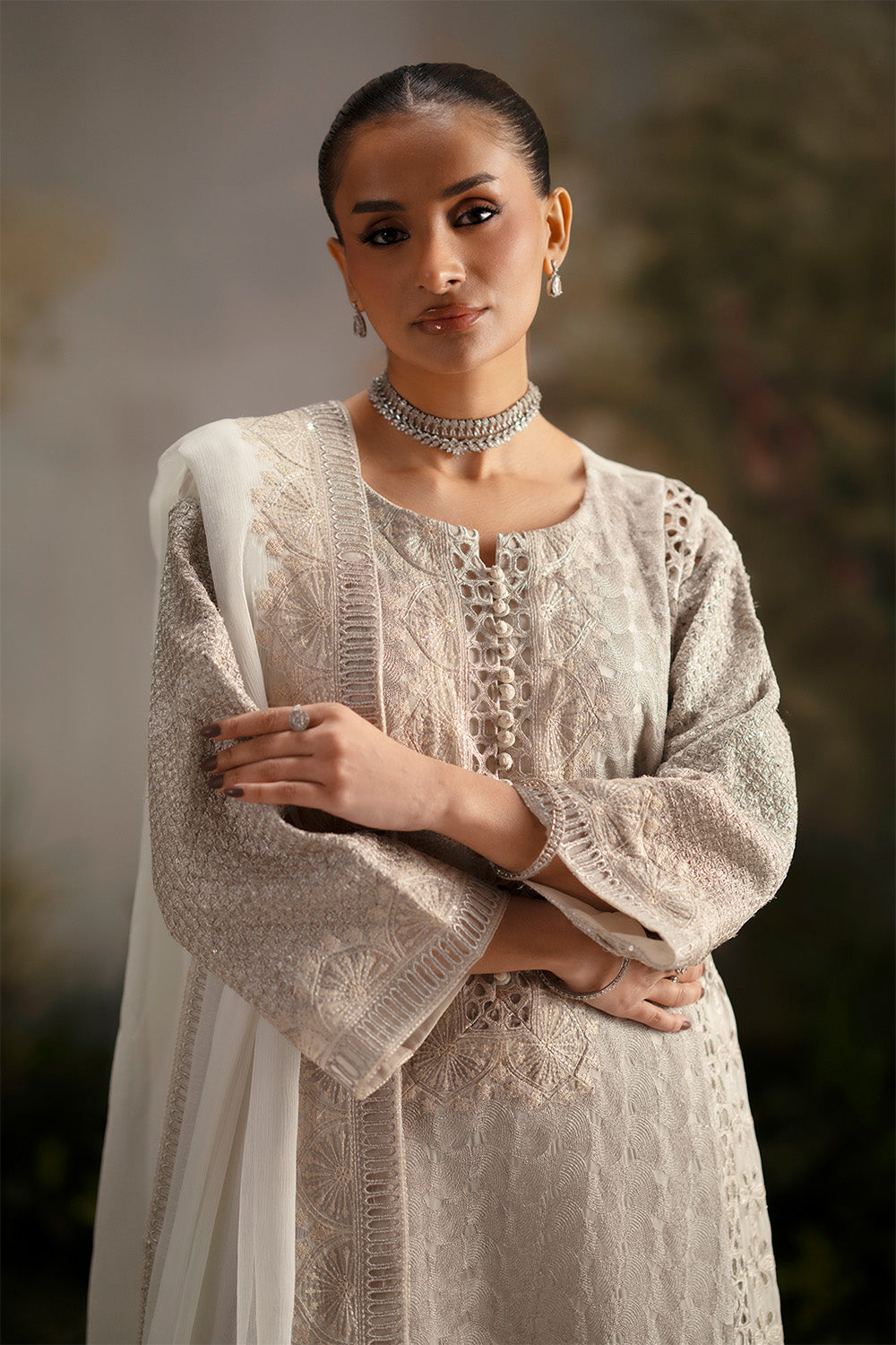 Chiffon Dress Beautiful Party Wear Dresses Pakistani Luxury Embroidered Off-White Chiffon Dress – Pret Wear – Maryum N Maria