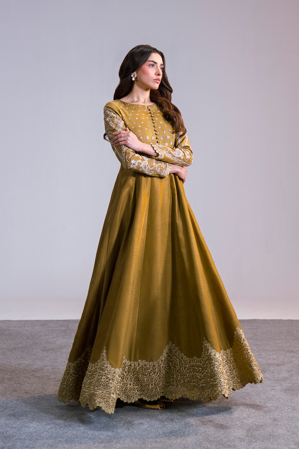 Luxury Silk Dresses | Golden Brown Silk Pret Outfit