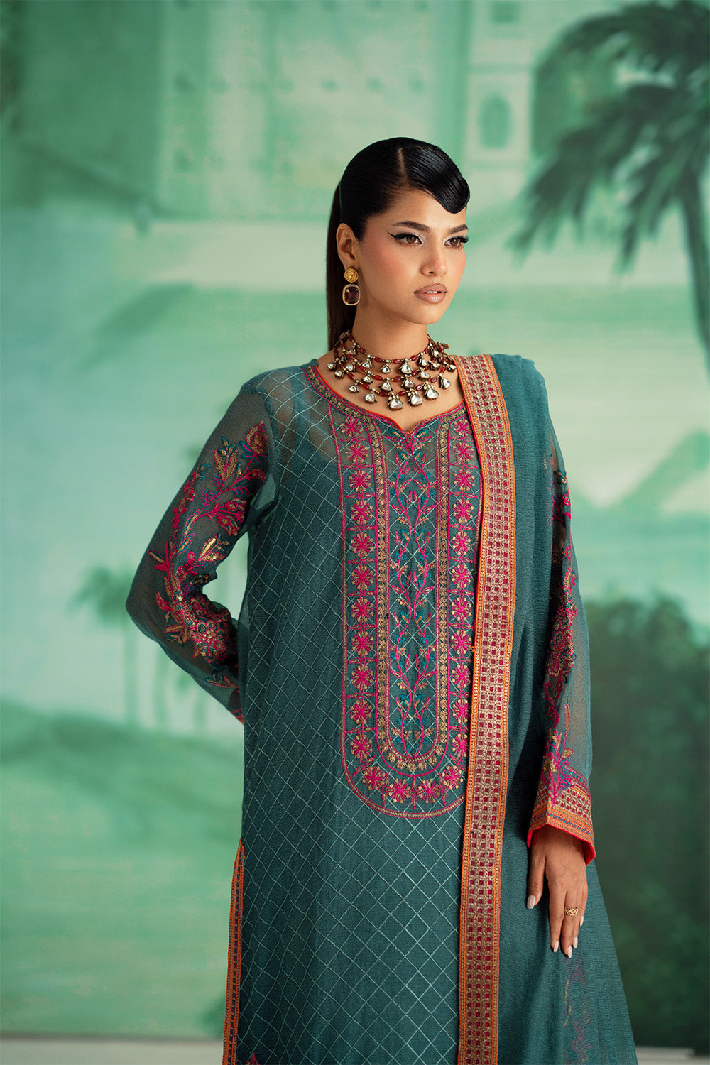 green dress design in pakistan Elegant Dark Green 3-Piece Pret