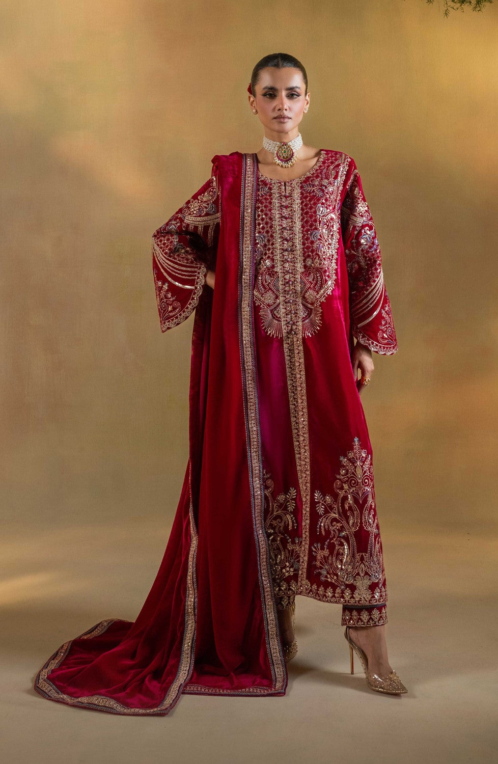 Bold women's 3-piece velvet suit by Maryam N Maria, perfect for making a stylish statement at any event