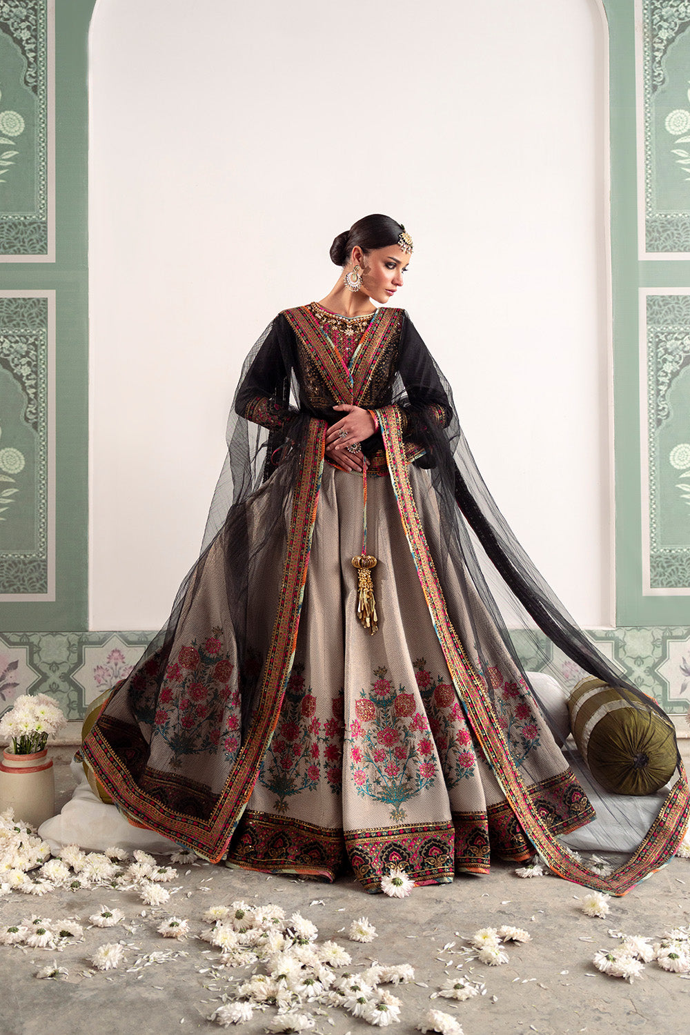 Fancy Black & Skin Lehenga Choli in Silk Organza – Maryum N Maria