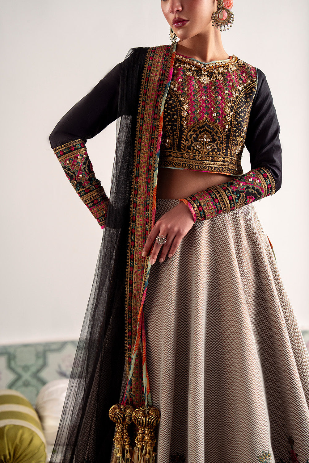 Fancy Black & Skin Lehenga Choli in Silk Organza – Maryum N Maria