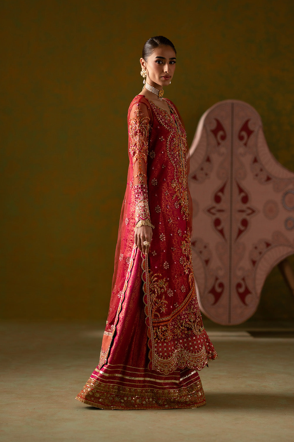 embroidered masoori dress with jamawar trouser Embroidered velvet dress with jamawar trousers for weddings