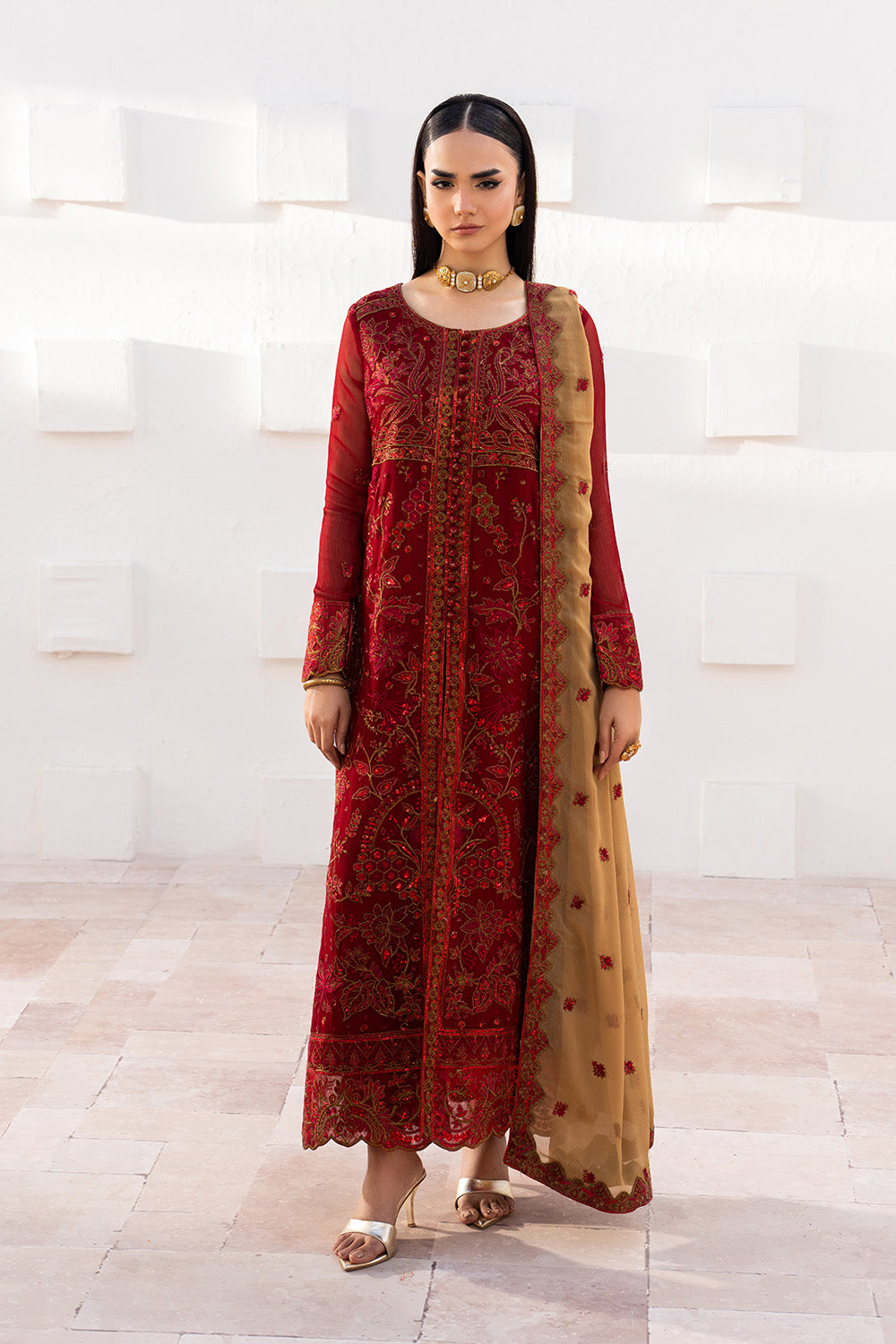 Buy Red Embroidered Chiffon Dress Online – Formal 3PC Suit
